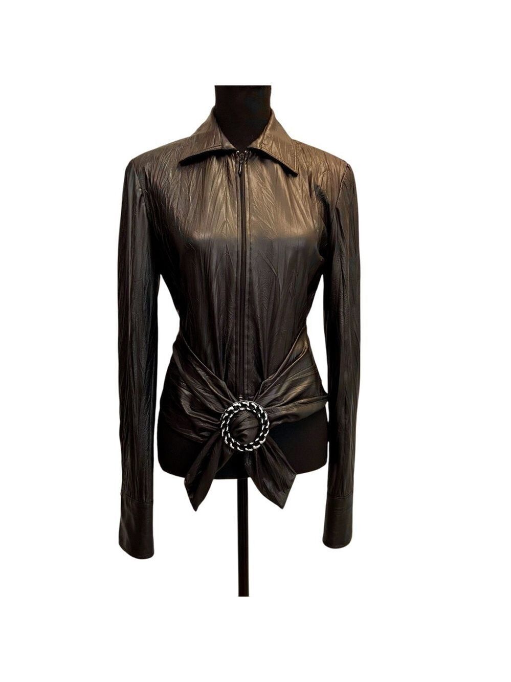 Joseph Ribkoff black faux leather full zip front buckle jacket wrinkled style 6